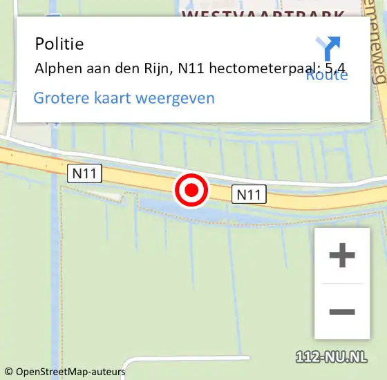 Locatie op kaart van de 112 melding: Politie Alphen aan den Rijn, N11 hectometerpaal: 5,4 op 13 april 2024 11:36