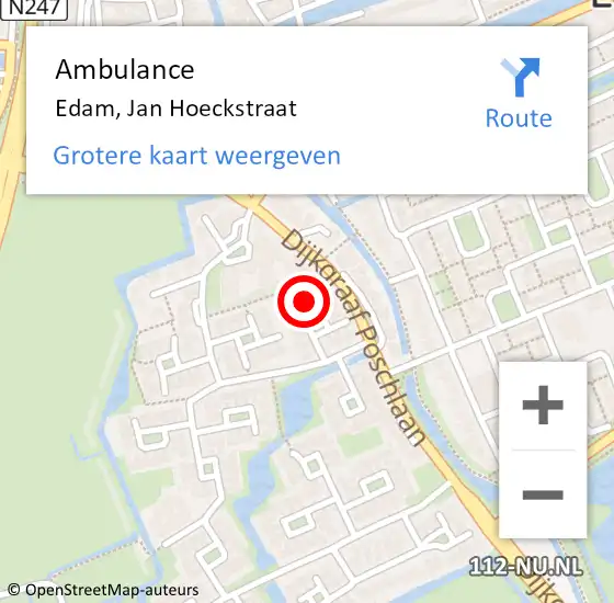 Locatie op kaart van de 112 melding: Ambulance Edam, Jan Hoeckstraat op 13 april 2024 11:48