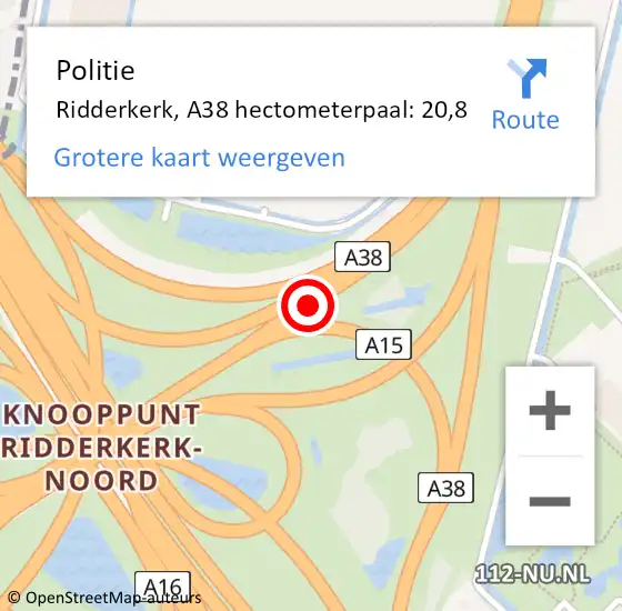 Locatie op kaart van de 112 melding: Politie Ridderkerk, A38 hectometerpaal: 20,8 op 13 april 2024 11:55