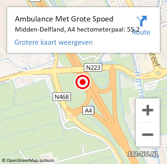Locatie op kaart van de 112 melding: Ambulance Met Grote Spoed Naar Midden-Delfland, A4 hectometerpaal: 55,2 op 13 april 2024 13:04