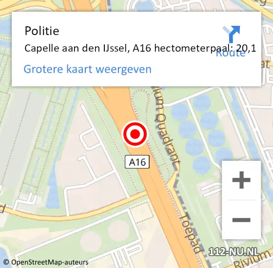 Locatie op kaart van de 112 melding: Politie Capelle aan den IJssel, A16 hectometerpaal: 20,1 op 13 april 2024 14:13