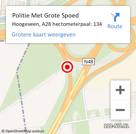 Locatie op kaart van de 112 melding: Politie Met Grote Spoed Naar Hoogeveen, A28 hectometerpaal: 134 op 13 april 2024 14:19