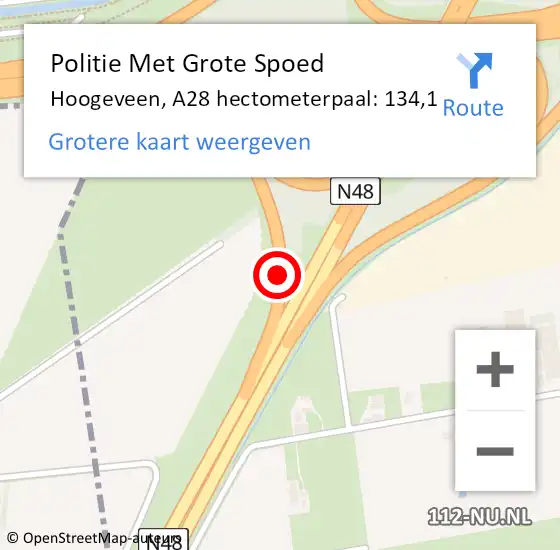 Locatie op kaart van de 112 melding: Politie Met Grote Spoed Naar Hoogeveen, A28 hectometerpaal: 134,1 op 13 april 2024 14:19