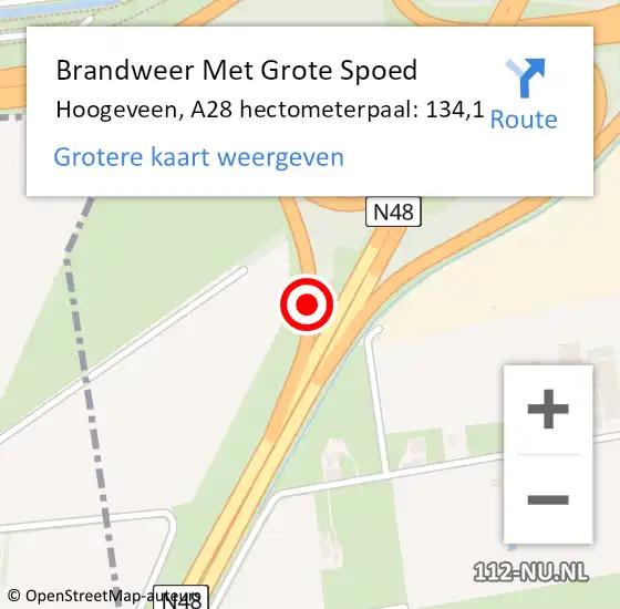 Locatie op kaart van de 112 melding: Brandweer Met Grote Spoed Naar Hoogeveen, A28 hectometerpaal: 134,1 op 13 april 2024 14:19