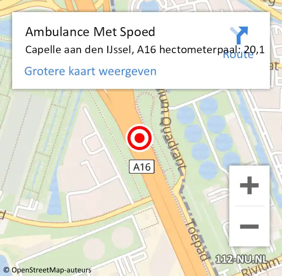 Locatie op kaart van de 112 melding: Ambulance Met Spoed Naar Capelle aan den IJssel, A16 hectometerpaal: 20,1 op 13 april 2024 14:21