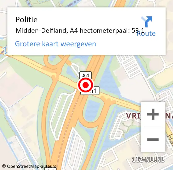 Locatie op kaart van de 112 melding: Politie Midden-Delfland, A4 hectometerpaal: 53,1 op 13 april 2024 15:06