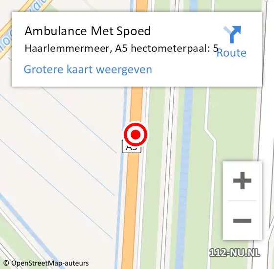 Locatie op kaart van de 112 melding: Ambulance Met Spoed Naar Haarlemmermeer, A5 hectometerpaal: 5 op 13 april 2024 15:17