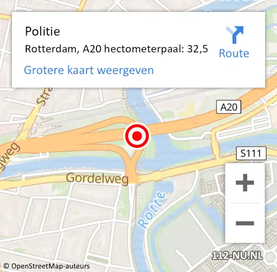 Locatie op kaart van de 112 melding: Politie Rotterdam, A20 hectometerpaal: 32,5 op 13 april 2024 15:30