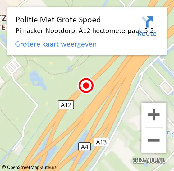 Locatie op kaart van de 112 melding: Politie Met Grote Spoed Naar Pijnacker-Nootdorp, A12 hectometerpaal: 5,5 op 13 april 2024 15:38
