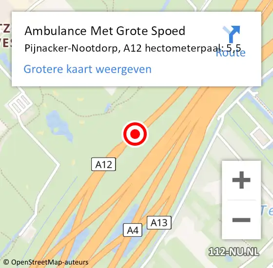 Locatie op kaart van de 112 melding: Ambulance Met Grote Spoed Naar Pijnacker-Nootdorp, A12 hectometerpaal: 5,5 op 13 april 2024 15:39