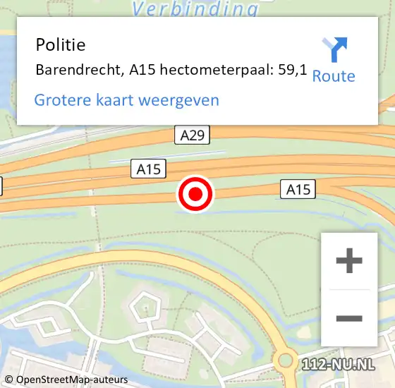 Locatie op kaart van de 112 melding: Politie Barendrecht, A15 hectometerpaal: 59,1 op 13 april 2024 17:26