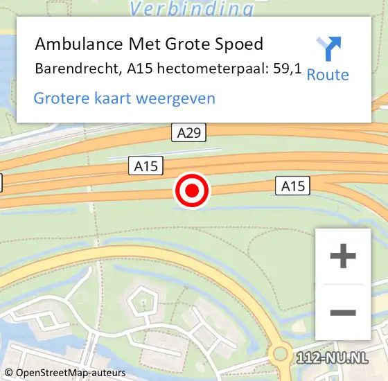 Locatie op kaart van de 112 melding: Ambulance Met Grote Spoed Naar Barendrecht, A15 hectometerpaal: 59,1 op 13 april 2024 17:27