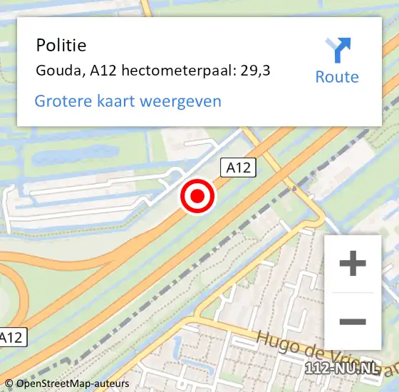 Locatie op kaart van de 112 melding: Politie Gouda, A12 hectometerpaal: 29,3 op 13 april 2024 18:39