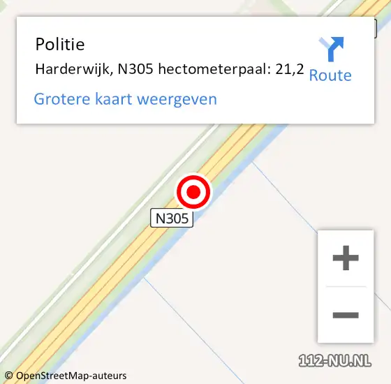Locatie op kaart van de 112 melding: Politie Harderwijk, N305 hectometerpaal: 21,2 op 13 april 2024 19:34