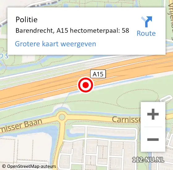 Locatie op kaart van de 112 melding: Politie Barendrecht, A15 hectometerpaal: 58 op 13 april 2024 19:45