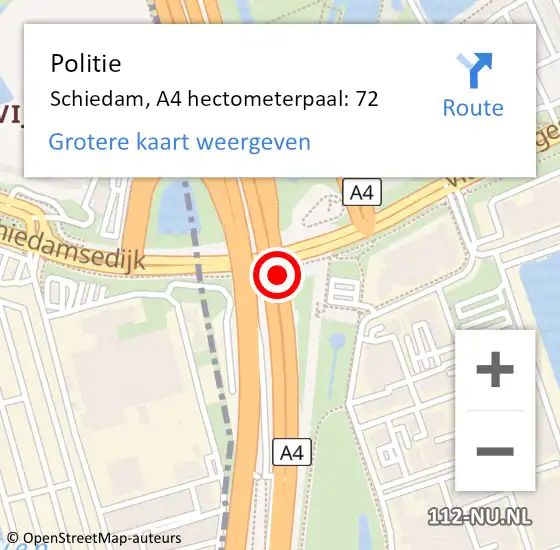 Locatie op kaart van de 112 melding: Politie Schiedam, A4 hectometerpaal: 72 op 13 april 2024 20:15