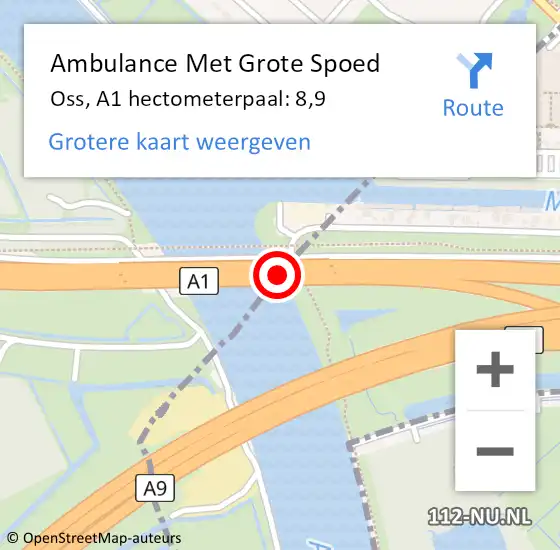 Locatie op kaart van de 112 melding: Ambulance Met Grote Spoed Naar Oss, A1 hectometerpaal: 8,9 op 13 april 2024 21:09
