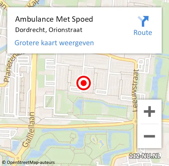 Locatie op kaart van de 112 melding: Ambulance Met Spoed Naar Dordrecht, Orionstraat op 13 april 2024 22:25