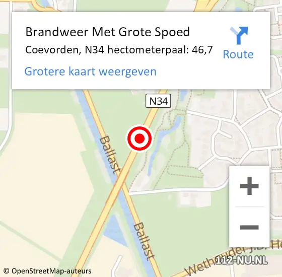 Locatie op kaart van de 112 melding: Brandweer Met Grote Spoed Naar Coevorden, N34 hectometerpaal: 46,7 op 13 april 2024 22:36