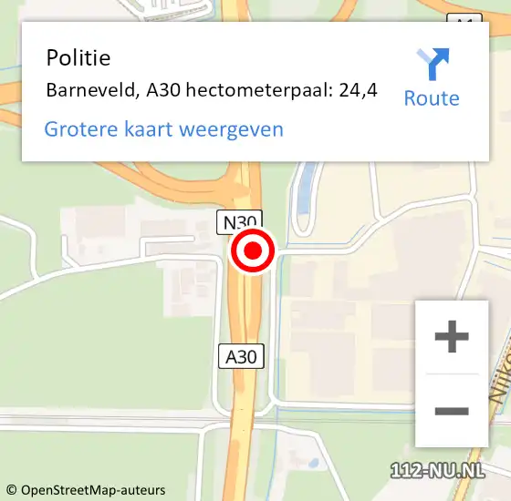 Locatie op kaart van de 112 melding: Politie Barneveld, A30 hectometerpaal: 24,4 op 14 april 2024 03:26