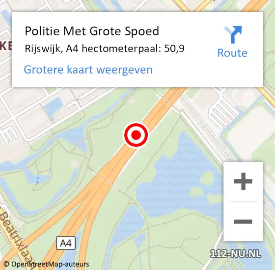 Locatie op kaart van de 112 melding: Politie Met Grote Spoed Naar Rijswijk, A4 hectometerpaal: 50,9 op 14 april 2024 10:17