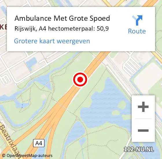 Locatie op kaart van de 112 melding: Ambulance Met Grote Spoed Naar Rijswijk, A4 hectometerpaal: 50,9 op 14 april 2024 10:17