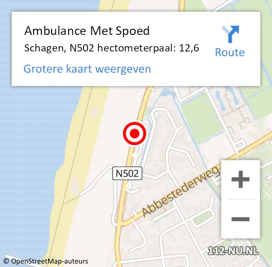 Locatie op kaart van de 112 melding: Ambulance Met Spoed Naar Schagen, N502 hectometerpaal: 12,6 op 14 april 2024 12:20