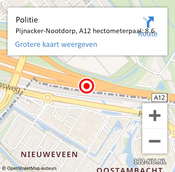 Locatie op kaart van de 112 melding: Politie Pijnacker-Nootdorp, A12 hectometerpaal: 8,6 op 14 april 2024 12:53