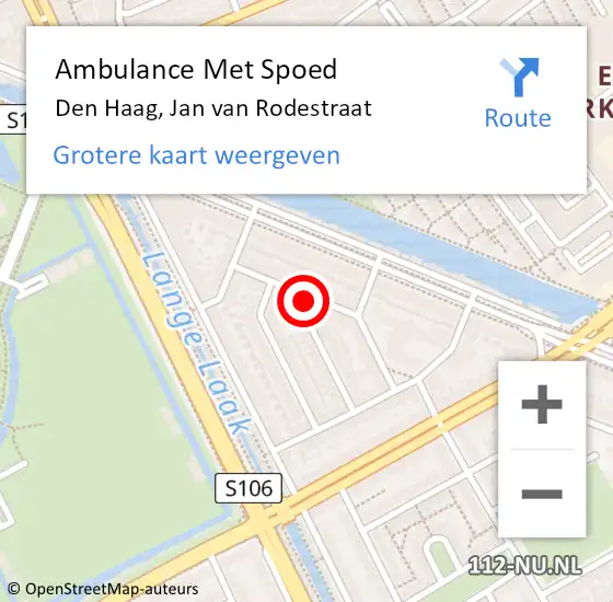 Locatie op kaart van de 112 melding: Ambulance Met Spoed Naar Den Haag, Jan van Rodestraat op 14 april 2024 13:13