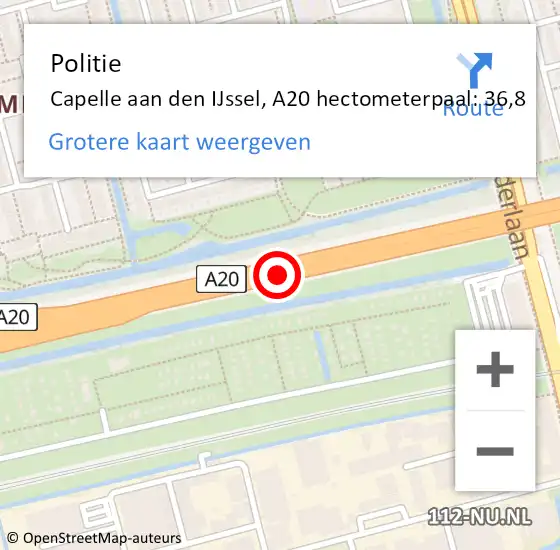Locatie op kaart van de 112 melding: Politie Capelle aan den IJssel, A20 hectometerpaal: 36,8 op 14 april 2024 16:10