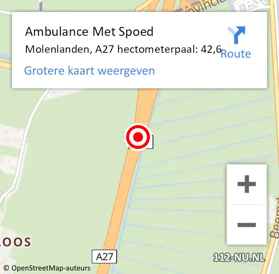 Locatie op kaart van de 112 melding: Ambulance Met Spoed Naar Molenlanden, A27 hectometerpaal: 42,6 op 14 april 2024 16:58