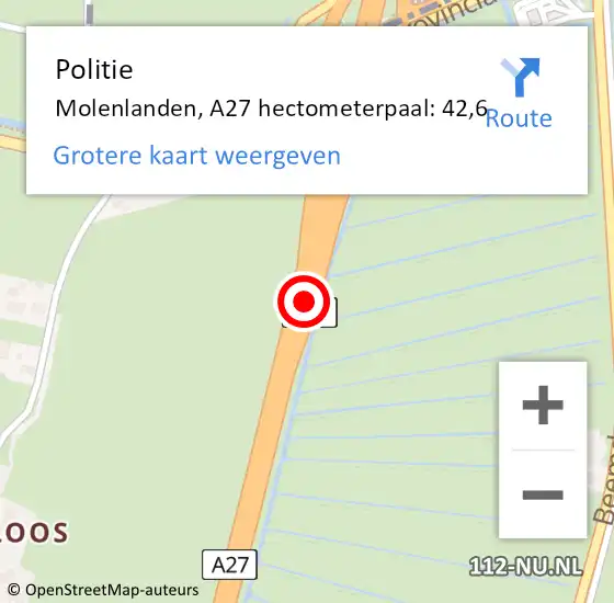 Locatie op kaart van de 112 melding: Politie Molenlanden, A27 hectometerpaal: 42,6 op 14 april 2024 17:00