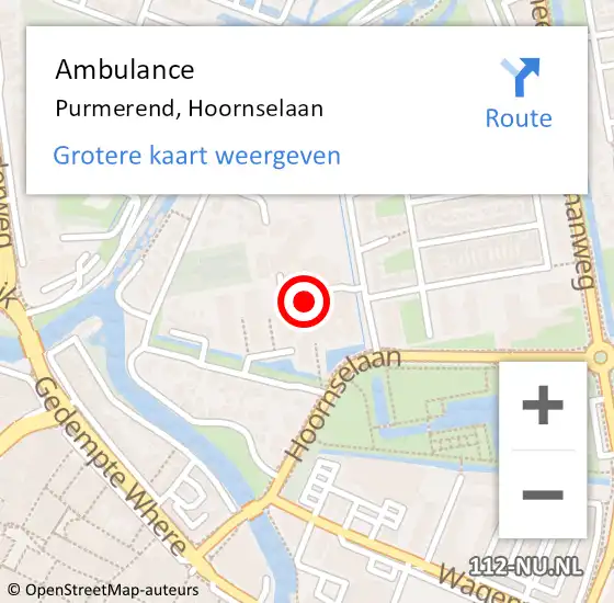 Locatie op kaart van de 112 melding: Ambulance Purmerend, Hoornselaan op 14 april 2024 17:01