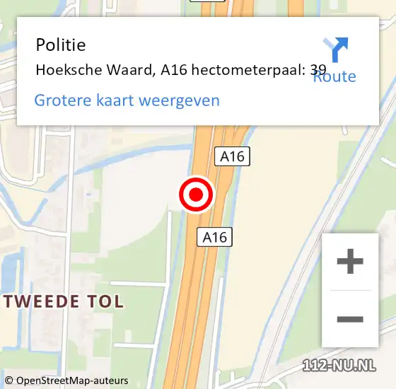 Locatie op kaart van de 112 melding: Politie Hoeksche Waard, A16 hectometerpaal: 39 op 14 april 2024 18:59