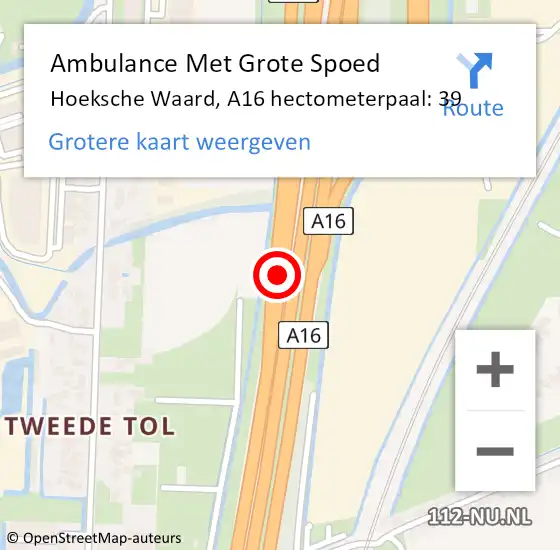 Locatie op kaart van de 112 melding: Ambulance Met Grote Spoed Naar Hoeksche Waard, A16 hectometerpaal: 39 op 14 april 2024 18:59
