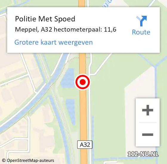 Locatie op kaart van de 112 melding: Politie Met Spoed Naar Meppel, A32 hectometerpaal: 11,6 op 14 april 2024 19:48