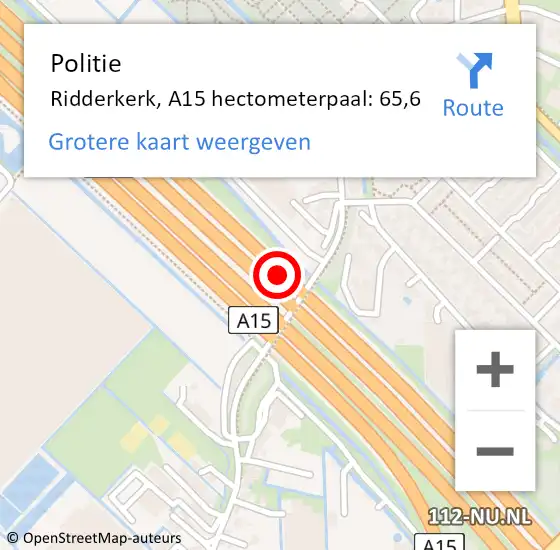 Locatie op kaart van de 112 melding: Politie Ridderkerk, A15 hectometerpaal: 65,6 op 15 april 2024 03:24