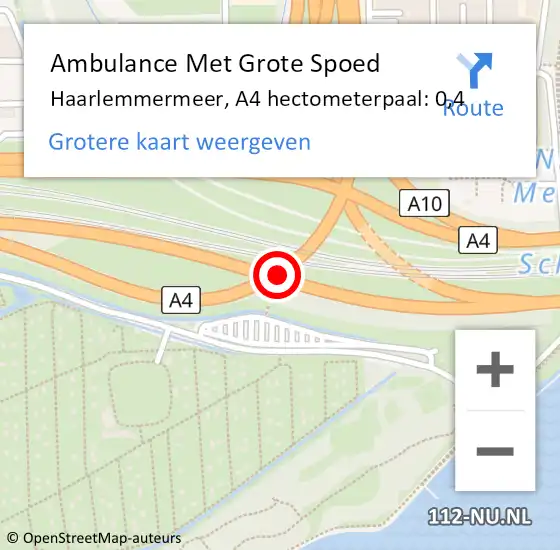 Locatie op kaart van de 112 melding: Ambulance Met Grote Spoed Naar Haarlemmermeer, A4 hectometerpaal: 0,4 op 15 april 2024 06:29