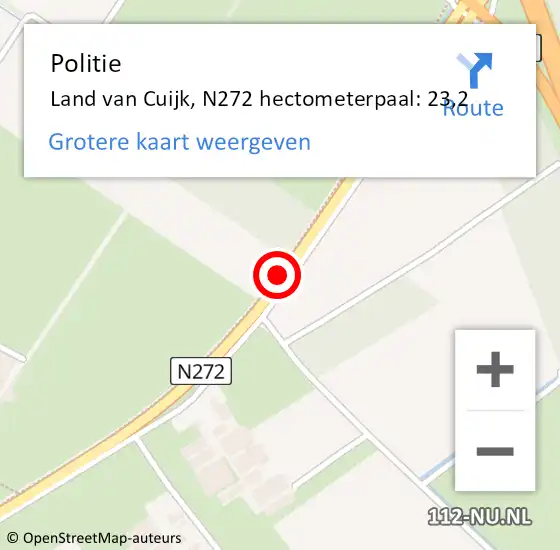 Locatie op kaart van de 112 melding: Politie Land van Cuijk, N272 hectometerpaal: 23,2 op 15 april 2024 07:10