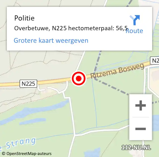 Locatie op kaart van de 112 melding: Politie Overbetuwe, N225 hectometerpaal: 56,5 op 15 april 2024 08:47