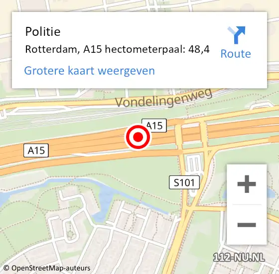 Locatie op kaart van de 112 melding: Politie Rotterdam, A15 hectometerpaal: 48,4 op 15 april 2024 09:29