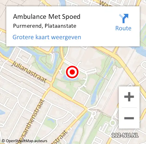 Locatie op kaart van de 112 melding: Ambulance Met Spoed Naar Purmerend, Plataanstate op 15 april 2024 09:52