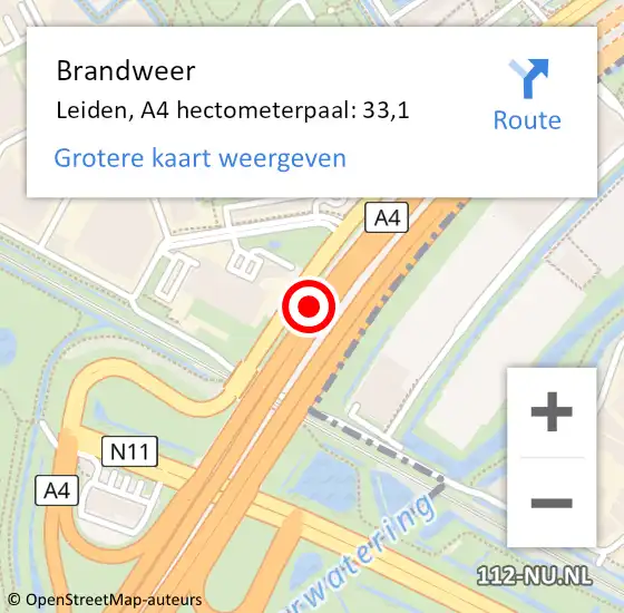 Locatie op kaart van de 112 melding: Brandweer Leiden, A4 hectometerpaal: 33,1 op 15 april 2024 09:58