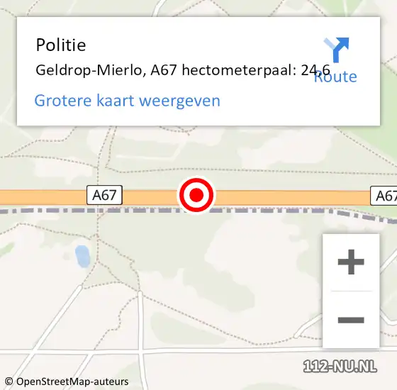 Locatie op kaart van de 112 melding: Politie Geldrop-Mierlo, A67 hectometerpaal: 24,6 op 15 april 2024 10:02