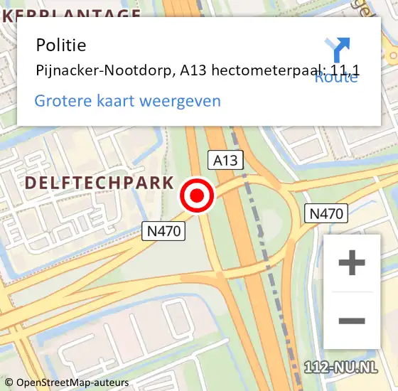Locatie op kaart van de 112 melding: Politie Pijnacker-Nootdorp, A13 hectometerpaal: 11,1 op 15 april 2024 10:04