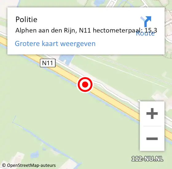 Locatie op kaart van de 112 melding: Politie Alphen aan den Rijn, N11 hectometerpaal: 15,3 op 15 april 2024 10:06