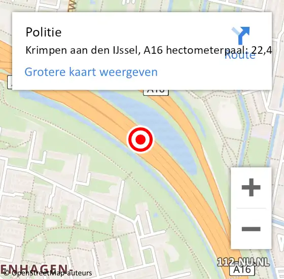 Locatie op kaart van de 112 melding: Politie Krimpen aan den IJssel, A16 hectometerpaal: 22,4 op 15 april 2024 11:30