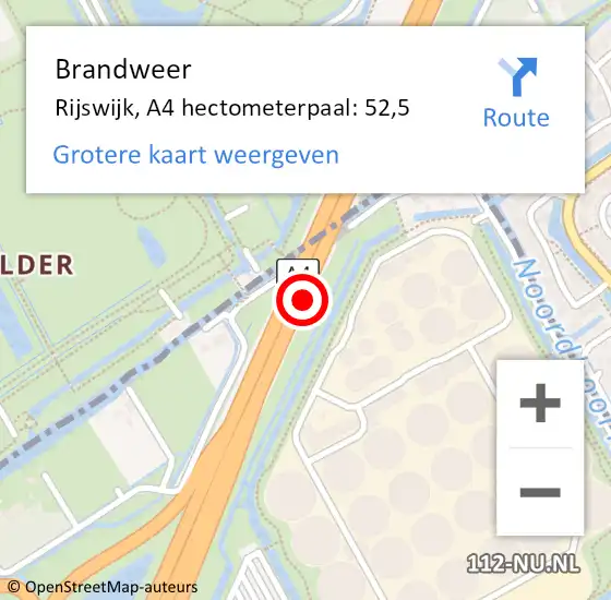Locatie op kaart van de 112 melding: Brandweer Rijswijk, A4 hectometerpaal: 52,5 op 15 april 2024 12:47