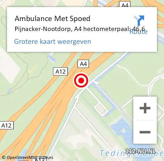 Locatie op kaart van de 112 melding: Ambulance Met Spoed Naar Pijnacker-Nootdorp, A4 hectometerpaal: 46,6 op 15 april 2024 12:58