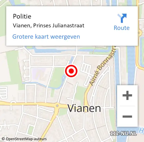 Locatie op kaart van de 112 melding: Politie Vianen, Prinses Julianastraat op 15 april 2024 13:01